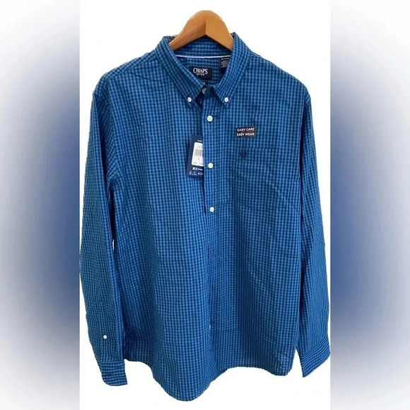 Chaps Classic‎ Dark Blue Mens Long Sleeve Collared Button Gingham Shirt XL NWT - Picture 1 of 13